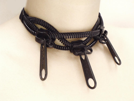 Women's Choker Black Steampunk Necklace, Metal Slider Zipper Jewelry.
