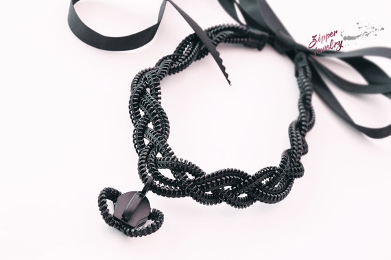 Women's Choker Braided Necklace, Crown Zipper Charm, Steampunk Style.